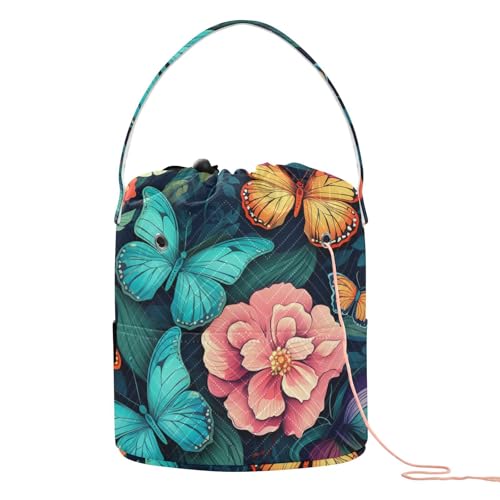 Blue Butterfly Flowers Yarn Bag Small Crochet Bag Drawstring Yarn Storage Organizer Knitting Project Bags Potable Yarn Holder with Holes Handle Crocheting Needles Knitting Accessories - color: Blue Butterfly Flowers