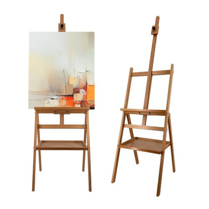 Large Solid Beech Wood Painting Easel H-Frame with Storage Plate - color: Nature Light