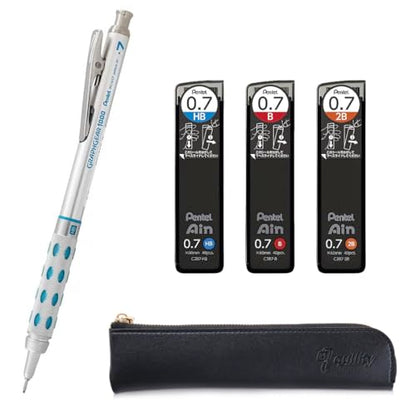 Graph Gear 1000 Mechanical Drafting Pencil + Ain HB/B/2B leads, original Black slim pen case (0.7mm) - size: 0.7mm