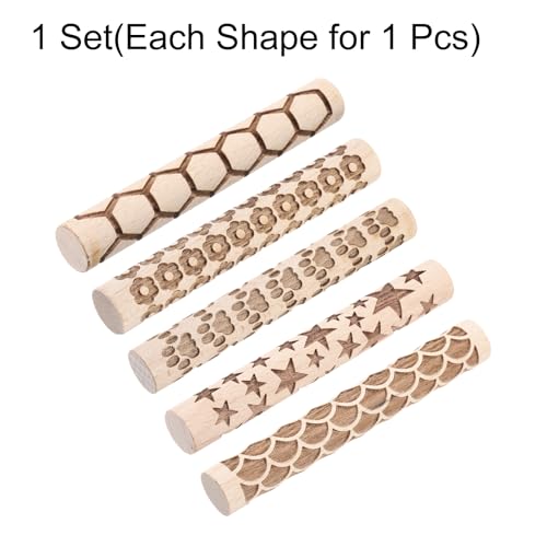 HARFINGTON 5pcs Wood Clay Roller 4"Flower Paw Print Hexagon Star Fan Pattern Rolling Pins Pottery Tools Wood Grain Texture Rollers for Clay Baking Dough Playdough DIY - style: Curves + Flowers + Paw Prints + Hexagons + Stars