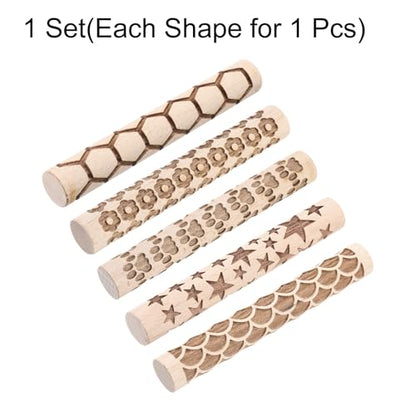 HARFINGTON 5pcs Wood Clay Roller 4"Flower Paw Print Hexagon Star Fan Pattern Rolling Pins Pottery Tools Wood Grain Texture Rollers for Clay Baking Dough Playdough DIY - style: Curves + Flowers + Paw Prints + Hexagons + Stars