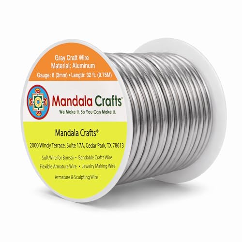 Mandala Crafts 8 Gauge Anodized Aluminum Craft Wire for Jewelry Making - 32 FT Colored Flexible Gray Wire - Bendable for Bonsai Armature Crafting Sculpting - color: Gray, size: 8 Gauge
