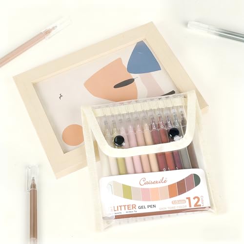12 Skin Tone Glitter Gel Pens Set, 1.0 mm Fine Point for Black Paper & White Paper, Large Capacity Pens for Journaling, Adult Coloring Books, Drawing, Note Taking, Highlighting - color: skin tone