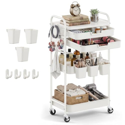 3 Tier Rolling Cart with 2 Drawers, Metal Utility Storage Carts with Wheels | Kitchen Rolling Cart 4.5" Deep Basket, Mesh Side Panel with 3 Cups, 4 Hooks for Office, Bedside, Craft Storage Cart - color: White