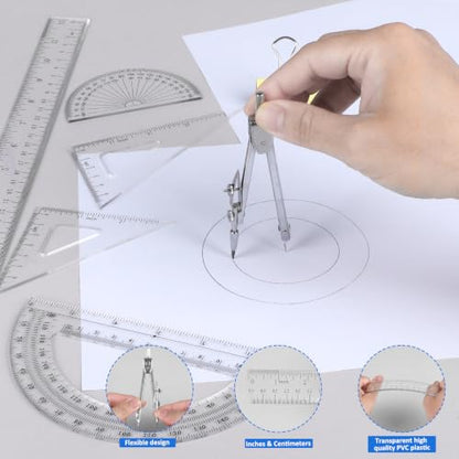 Coopay 7 Pcs Geometry Kit with Ruler, Triangle Ruler, Protractor and Compass Set | 12'' & 6'' Straight Rulers, 45°/60°Triangle Ruler, 6" & 4" Protractors, Compass, Geometry, Drafting, Math, School, Office - size: 7 Pcs set