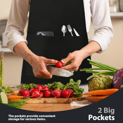 VALOME 2 Pack Kitchen Aprons with Pockets, Cooking Chef Apron for Men Women | Adjustable Neck Strap, Unisex Bib Soft Aprons, Cotton-Blend, for Grilling Cooking Gardening Baking - color: Pure Black & Black
