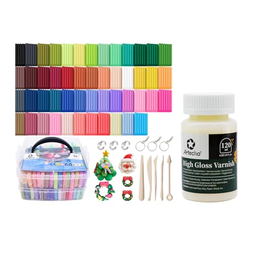 Artecho 50 Colors Polymer Clay Kit & Artecho High Gloss Varnish 4oz / 120ml for Clay