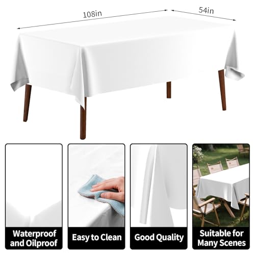 4 Pack Plastic Tablecloth 54" x 108"Disposable White Tablecloth Rectangle Plastic Table Cover for 6 to 8 Foot Tables Indoor or Outdoor Parties Birthdays Weddings Christmas - color: White