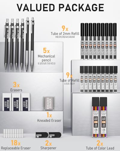 Nicpro 34PCS Black Art Mechanical Pencils Set, Metal Automatic Pencil 0.3, 0.5, 0.7, 0.9 mm & 2PCS 2mm Lead Holder (6B 4B 2B HB 2H 4H Colors) For Sketching Drawing With 19 Tube Lead Refills Case - color: Black 34