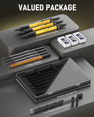 Nicpro 3 PCS 1.3 mm Mechanical Pencil Set with 48 Lead Refills, 3 Eraser | MP2000 Weatherproof Metal Barrel, Heavy Duty Carpenter Pencils for Outdoor Marking Drafting Drawing Woodworking - with Case - style: 3 Pack (Yellow)