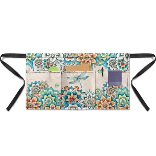 Waist Apron with 3 Pockets Waterproof 13 Inch Short Half Waist Aprons Women Men Server Aprons Waitress Waiter Apron - color: Dragonfly