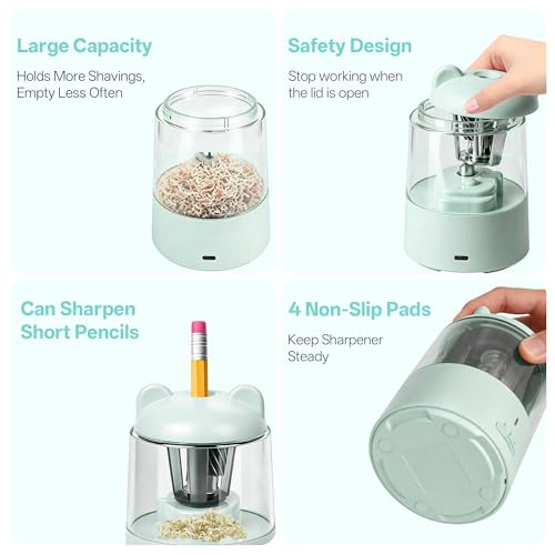 Electric Pencil Sharpener, Rechargeable Auto-Stop for 6-8mm,3 Modes | Fast Sharpen in 3s, Battery Powered, Heavy Duty Blade, Suitable for No.2(6-8mm), School/Home/Office - color: Green