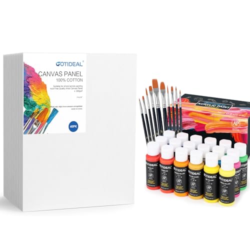 GOTIDEAL Bulk Canvases for Painting, 11x14 inch Value Pack of 40 with Acrylic Paint Set with 10 Brushes, 18 Colors(59ml, 2 oz)