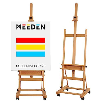 MEEDEN Large Studio H-Frame Beech Wood Artist Easel - Adjustable Movable Tilting Easel, Floor Painting Easel Stand, Holds Canvas Art up to 48" - color: Natural, size: Easel with Wheels