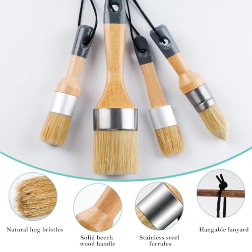 Mister Rui Chalk Wax Paint Brush 4 pcs, Large Wax Brush for Furniture | Natural Bristles Stencil Paint Brushes for All in One Paint, Acrylic Paint, Cabinets for Home Decor, Art Crafts, No Shedding - size: 4PCS, 1 Medium, 3 Small