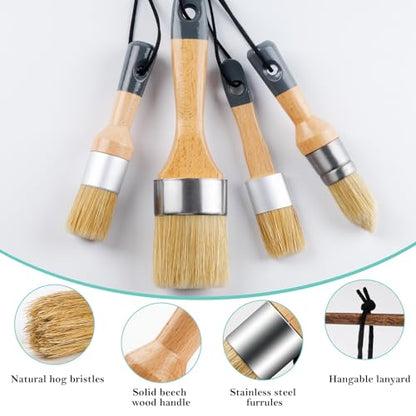 Mister Rui Chalk Wax Paint Brush 4 pcs, Large Wax Brush for Furniture | Natural Bristles Stencil Paint Brushes for All in One Paint, Acrylic Paint, Cabinets for Home Decor, Art Crafts, No Shedding - size: 4PCS, 1 Medium, 3 Small