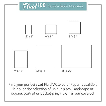 Fluid 100 Watercolor Paper Block, 6 x 8 inches, 15 Sheets, 140 lb (300 GSM) 100% Cotton Hot Press Pad for Artist Painting and Wet Media - size: 6 x 8