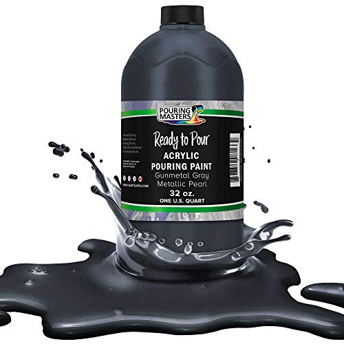 Pouring Masters Gunmetal Gray Metallic Pearl Ready to Pour Acrylic Pouring Paint - Premium 32-Ounce Pre-Mixed Fluid Acrylic Paint - Fluid Art Supplies for Canvas, Wood, Paper, Tile & Rocks | Ready to Pour, Premium Pre-Mixed Fluid Acrylic Paint - Fluid Art