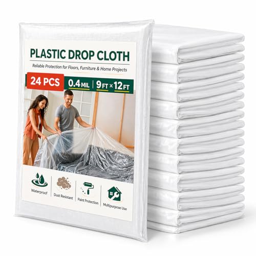 24 Pack Plastic Drop Cloths for Painting, 9 x 12 FT Clear Painters Plastic Sheeting, Disposable Drop Cloth for Floor, Furniture, Couch & Carpet Protection - color: 24 - Pack
