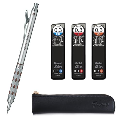 Graph Gear 1000 Mechanical Drafting Pencil + Ain HB/B/2B leads, original Black slim pen case (0.3mm) - size: 0.3mm