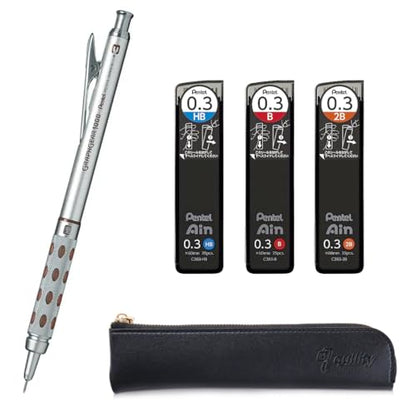 Graph Gear 1000 Mechanical Drafting Pencil + Ain HB/B/2B leads, original Black slim pen case (0.3mm) - size: 0.3mm