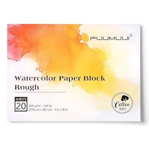 Fuumuui 11×15 Watercolor Paper Block, Textured Rough 100% Cotton Watercolor Paper, 140lb/300gsm, 20 Sheets, Acid-Free, Art Paper for Painting & Drawing, Wet, Mixed Media, Rough Grain - color: Rough, size: 11“×15”