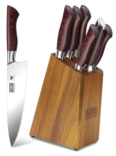 HOSHANHO 7PCS Kitchen Knife Set with Block, Sharp Chef Knives & Sharpener | High-Carbon Stainless Steel Cooking Knife Set, Ultra Sharp Professional Knife Set with Ergonomic Wood Handle, Ideal Home Gift - size: 7 Pieces Knife Set