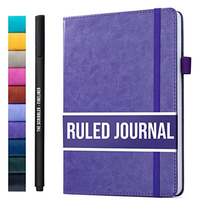 Lined Journal Notebook for writing + Free Pen! Ruled 200 pages, 120gsm Thick Paper with Sticky Notes,pen loop, elastic band, leather hard cover | Scribbles That Matter A5 journals, (5.75 x 8.2) - color: Purple