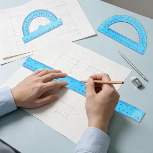 Plastic Clear Ruler Math Set - 6'' 12'' Transparent Straight Ruler, 4'' 6'' Protractor, 30/60 & 45/90 Triangle Ruler,Geometry Math Measuring Tool for School Office Drawing Teachers Kids Supplies Blue - color: Blue