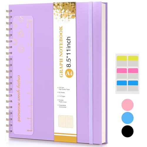 Graph Paper Notebook, Spiral Notebook Journal 8.5” x 11”, A4 Large Grid Notebooks for Women Men, 100 GSM Graph Paper, Plastic Hardcover Spiral Graphing Journals for Work School Engineerin, Purple - color: Purple, size: Graph
