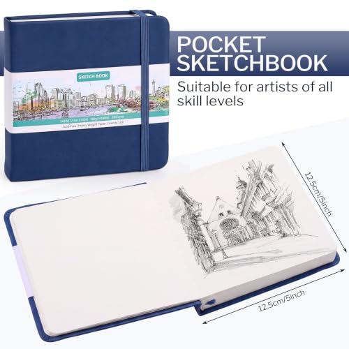 Sketch Book 5 x 5 Inch Navy Blue Small Sketchbook,80 Sheets Drawing Pad | Lay Flat, Square Drawing Journal with Ribbon Bookmark & Inner, Pocket Acid Free Paper for Pencil Charcoal Pen Travel Art - color: Navy Blue
