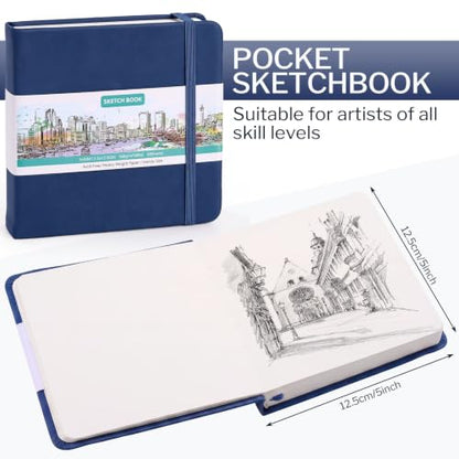 Sketch Book 5 x 5 Inch Navy Blue Small Sketchbook,80 Sheets Drawing Pad | Lay Flat, Square Drawing Journal with Ribbon Bookmark & Inner, Pocket Acid Free Paper for Pencil Charcoal Pen Travel Art - color: Navy Blue