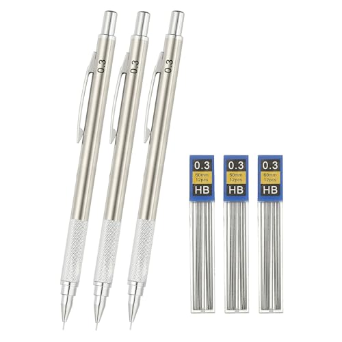 PATIKIL 0.3 mm Mechanical Pencil Set with Lead Refills, Metal Drafting Pencil Artist Lead Holder for Drawing Writing Sketching Marking Art, Silver