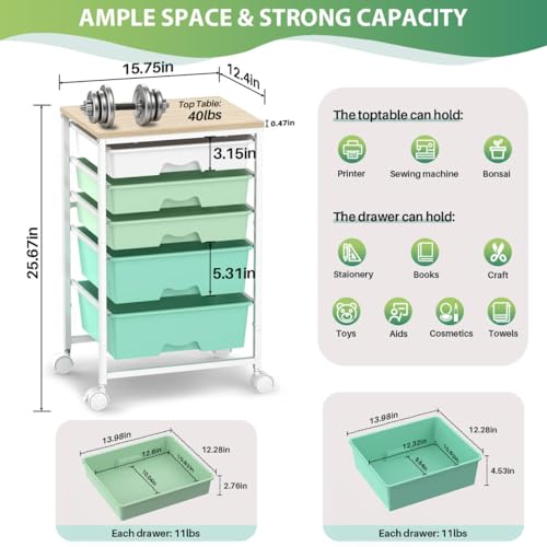 Goovilla Rolling Cart with 5 Drawers for Craft, Art, Dorm, Office, Green - size: Green