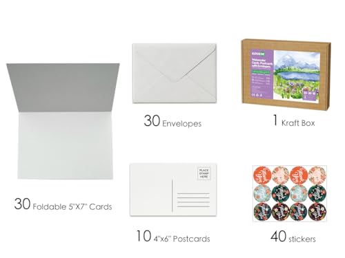 30 Pack Foldable Blank Watercolor Cards with Envelopes 5"x7" - size: 5x7" Cards*30+4x6" Postcards*10