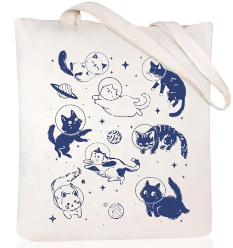 Canvas Aesthetic Tote Bag for Women with Inner Pocket Totes Shoulder Book Bag Shopping Reusable Grocery Bags - color: Cats in Space