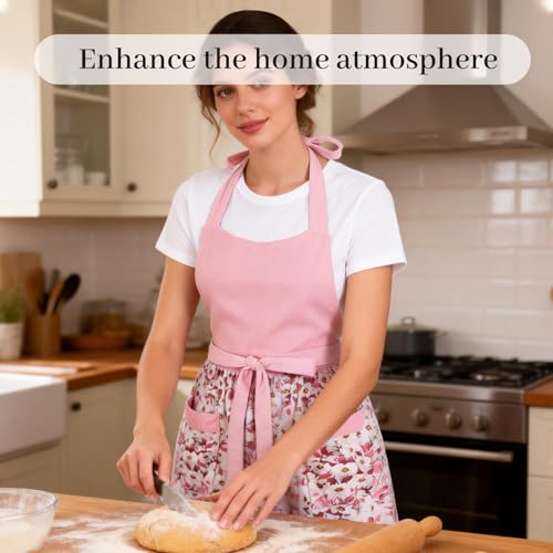 Cute Floral Apron for Women with Pockets, Cotton, Adjustable Straps - color: Rose Pink