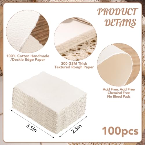 100 Pcs Watercolor Paper 2.5 x 3.5in, 300 GSM Handmade Deckled Edge Paper | 140 lb/300gsm, Deckled Edge Paper, Rough/Textured Handmade Paper, for Watercolors Wedding Invitations Cards Crafts - size: 2.5×3.5 inch