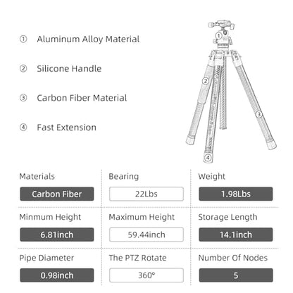 Fotopro 62 Inch Carbon Fiber Tripod for Camera Ultralight Travel Camera Tripod Max Loads Up 22lbs X-Aircross 3 Green - color: Green