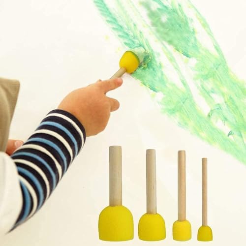 WAFJAMF 30Pcs Round Sponge Brush Set 4 Sizes DIY Painting Tools Yellow | Wooden handle craft foam applicators for acrylic, kids arts & stenciling with multiple diameter options