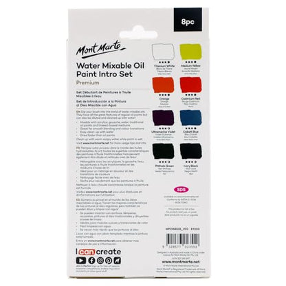 Mont Marte Oil Paint Set Water Mixable 8x18ml, Titanium White,Mid Yellow,Orange,Cadmium Red,Phthalo Green,Cobalt Blue,Ultramarine Violet,Ivory Black