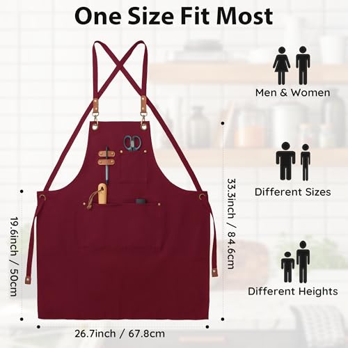 Chef Canvas Aprons with 3 Large Pockets Adjustable Strap for Men Women - color: Red