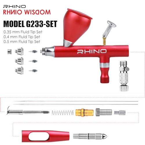 Rhinowisdom Airbrush Kit - Airbrush Gun Set Dual-Action Gravity Feed with 0.35, 0.4 & 0.5mm Needle Sets - Air Brush Set with 2 1/3 oz Replacement Cups for Nails Model Painting Cake Tattoo Makeup