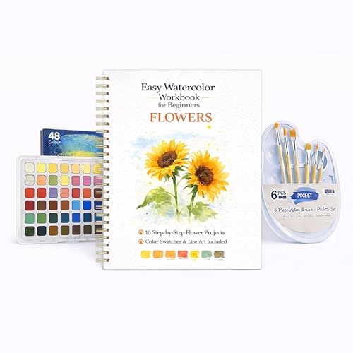 Watercolor Workbook for Beginners – Flowers, 16 Original Watercolor Projects, Watercolor Kit with 48 Colors Paint Set, 6 Brushes & Palette,Watercolor Workbook for Adults, Creative Art Gift - color: Flowers, size: with palette
