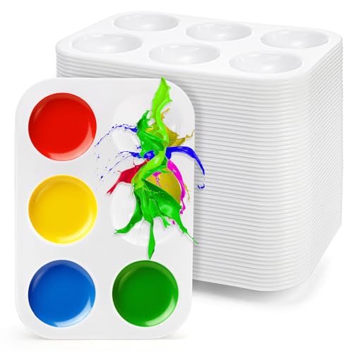 Cedilis 100 Pack White Art Paint Tray Palette, Rectangular Plastic Paint Tray for Kids, Adult, Student Watercolor Craft DIY Art Painting, 6 Wells, Easy to Clean