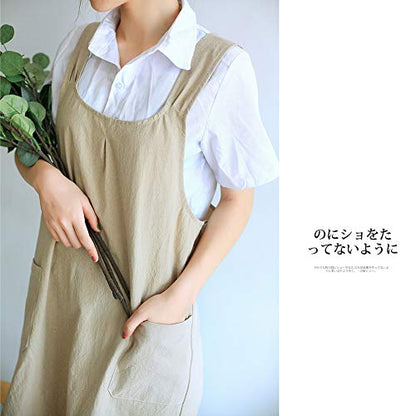 NEWGEM Japanese Cotton Linen Cross Back Cooking Apron for Women Men with Pockets Cute for Baking Kitchen - color: 06 - Women's Khaki