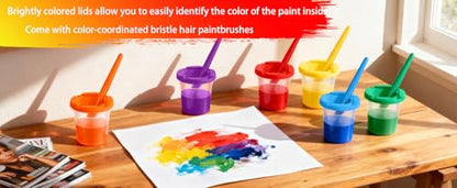 18 Set No-Mess Paint Cups with Lids and Brushes for Kids Paints，6 Colors | No-Spill Proof, Airtight Dual-Seal, Reusable, No-Messes, Art Supplies, for Toddler Painting, Classrooms or Summer Camps