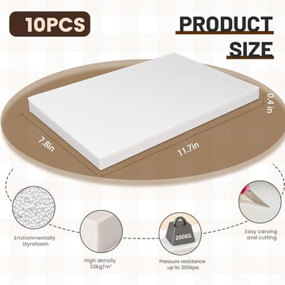 Multi Purpose XPS Foam Board, 10 Pack 11.7x7.8x0.4in Polystyrene Craft Foam - size: 11.7x7.8x0.4in-10pcs