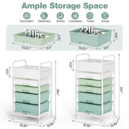 4 Drawer Rolling Storage Cart with Pegboard Top and Hooks, Gradient Green - color: Gradient Green, size: 4-Drawers