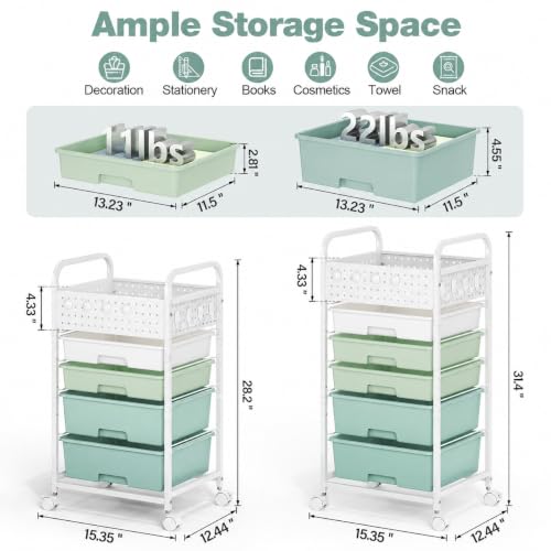 4 Drawer Rolling Storage Cart with Pegboard Top and Hooks, Gradient Green - color: Gradient Green, size: 4-Drawers